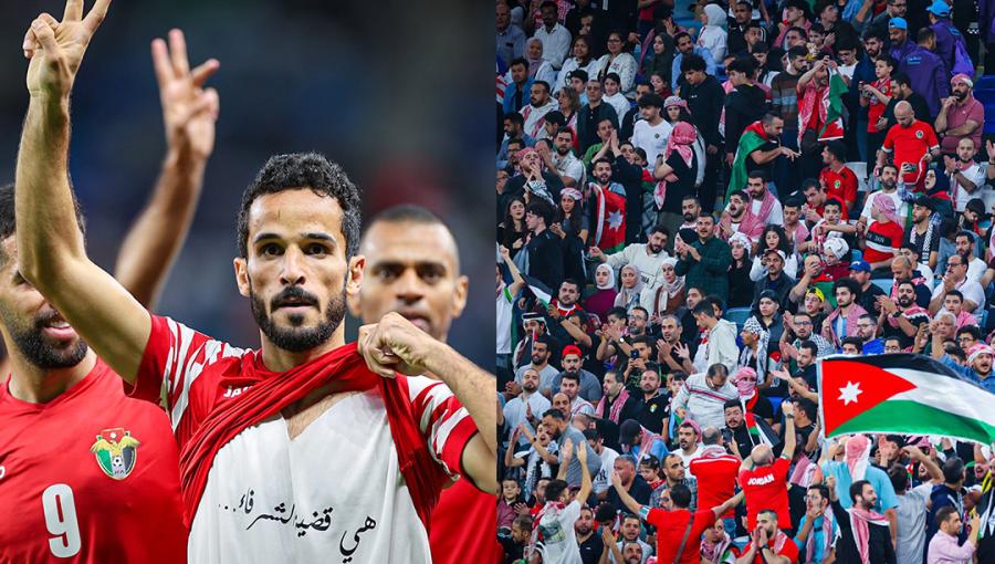 اللاعب محمود مرضي يحتفل بتسجيل هدف في مرمى ماليزيا بعبارة: هي قضية الشرفاء 15/1/2024 | المصدر: الاتحاد الأردني لكرة القدم