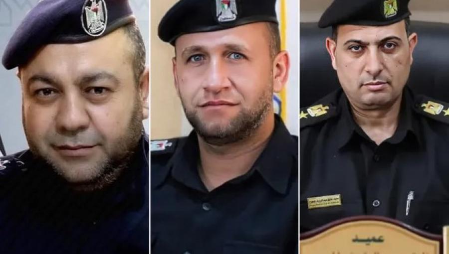 العميد فائق المبحوح (يمين) والمقدم رائد البنا (وسط) والمقدم محمود البيومي وهم ضباط الشرطة الفلسطينية الذين اغتالهم جيش الاحتلال في غزة