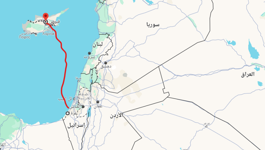 خريطة تظهر المسافة من قبرص إلى غزة خريطة تظهر المسافة من قبرص إلى غزة | المصدر: خرائط جوجل