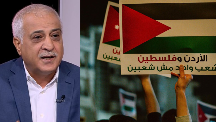 حسين الرواشدة مع لافتة رفعها أحد المتظاهرين: &quot;الأردن وفلسطين شعب واحد مش شعبين&quot; قرب سفارة الاحتلال احتجاجا على الإبادة الجماعية في غزة