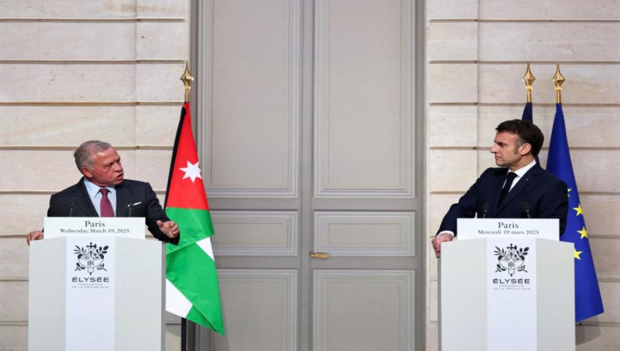 الملك عبد الله الثاني والرئيس الفرنسي إيمانويل ماكرون الملك عبد الله الثاني والرئيس الفرنسي إيمانويل ماكرون في قصر الإليزيه 19/3/2025 | المصدر: وكالة الأنباء الفرنسية