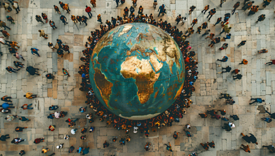 صورة مولدة بالذكاء الاصطناعي لمجسم كوكب الأرض يحيط به أشخاص | تعبيرية freepik