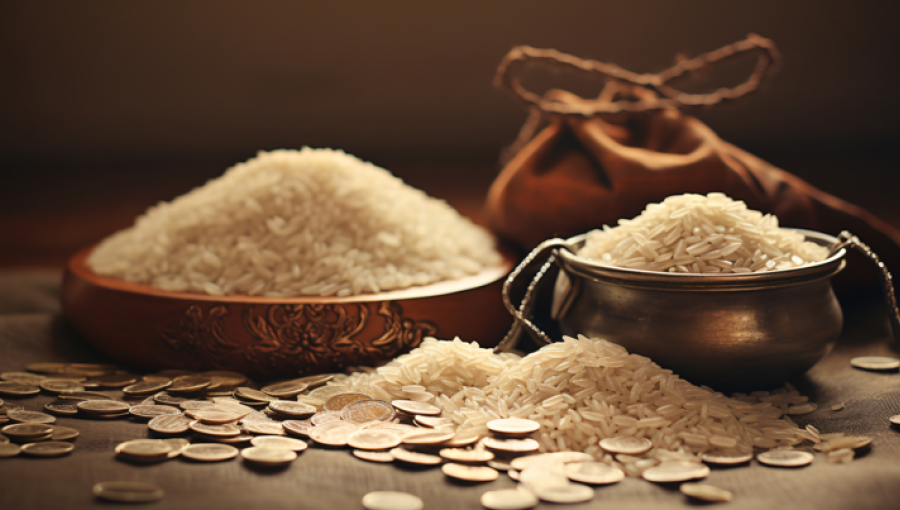 أرز وعملات معدنية | صورة مولدة بالذكاء الاصطناعي freepik