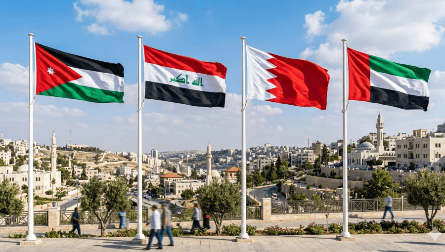 أعلام الأردن والعراق والبحرين والإمارات | صورة مولدة عبر الذكاء الاصطناعي