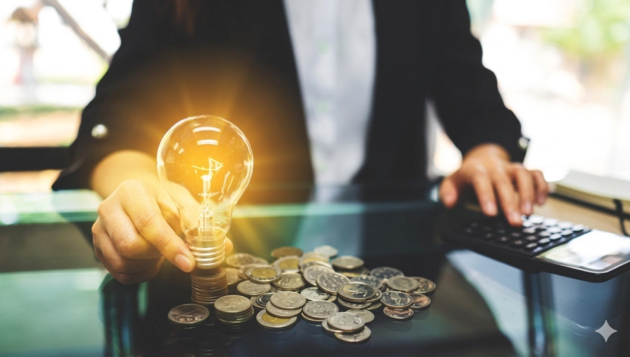 شخص يمسك بمصباح كهربائي مضيء فوق عملات معدنية | تعبيرية