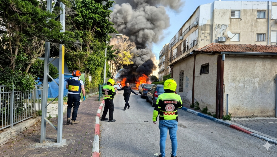 نيران مشتعلة في بني براك شرق تل أبيب بعد سقوط رؤوس عنقودية من صاروخ إيراني 31/3/2026 | مواقع التواصل