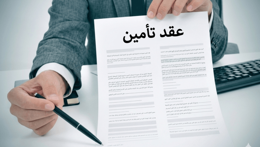 شخص يحمل بيده عقد تأمين ويشير إلى مكان التوقيع بالقلم | صورة مولدة بالذكاء الاصطناعي