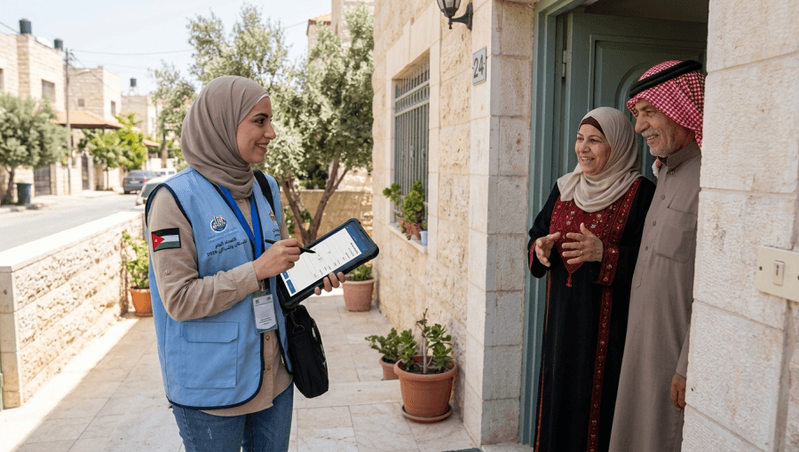 صورة تعبيرية تظهر موظفة إحصاءات تجري إحصاء مع إحدى العائلات