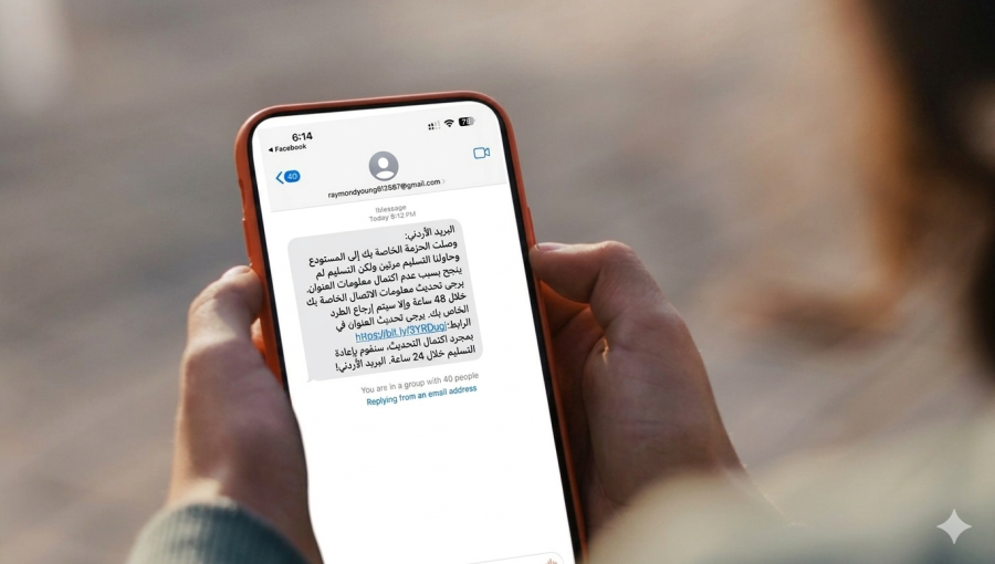 شخص يحمل هاتفا وتظهر عليه رسالة احتيالية باسم البريد الأردني