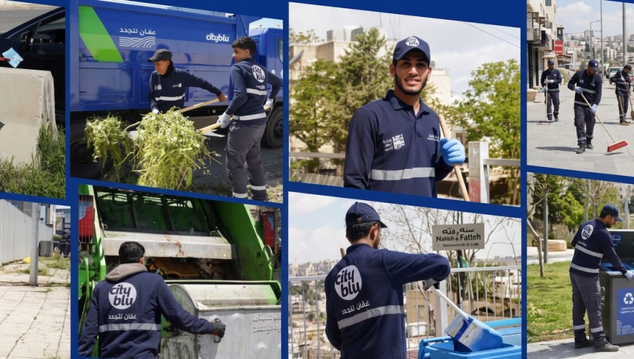 كوادر من شركة بلو سيتي إحدى الشركات العاملة على جمع النفايات في العاصمة عمان