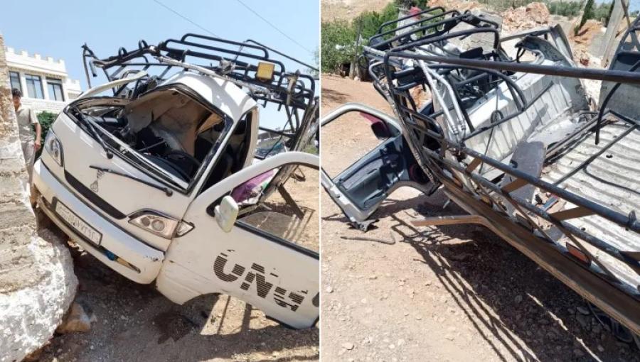 المركبة التي تعرضت لهجوم المسيرة الإسرائيلية في ريف دمشق 22/8/2026