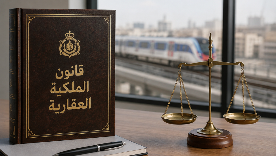 كتاب بعنوان قانون الملكية العقارية وبجانبه ميزان العدالة وفي الخلفية سكة قطار