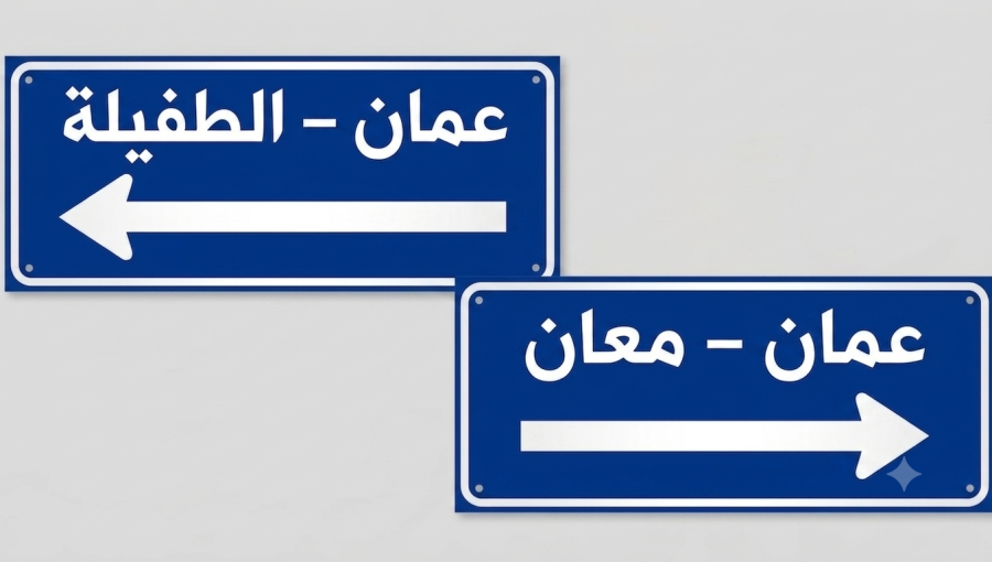 لافتات تحمل إشارة إلى خط النقل بين عمان - الطفيلة وعمان - معان