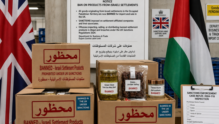 صناديق كرتون تحمل ملصقات طبع عليها كلمة "محظور" تتضمن منتجات من المستوطنات خلفها العلمان البريطاني والفلسطيني