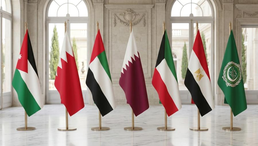 أعلام الأردن والبحرين والإمارات وقطر ومصر والكويت وجامعة الدول العربية مولدة بالذكاء الاصطناعي