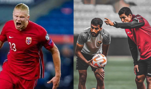 أحد لاعبي المنتخب الأردني مع أحد لاعبي المنتخب النرويجي