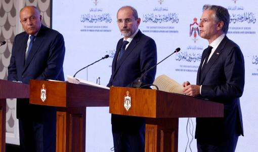 وزير الخارجية أيمن الصفدي وأنتوني بلينكن وسامح شكري - عمان 4 تشرين الثاني 2023