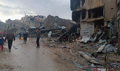 آثار الدمار في أحد الأحياء السكنية في غزة إثر قصف الاحتلال الإسرائيلي 14/1/2024 | المصدر: مؤسسة الحق القانون من أجل الإنسان