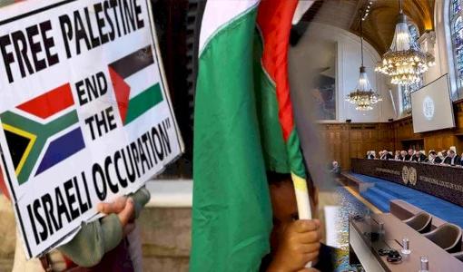 تصميم لمحكمة العدل الدولية مع لافتة تنادي بحرية فلسطين | المصدر: بديل/ المركز الفلسطيني لمصادر حقوق المواطنة واللاجئين