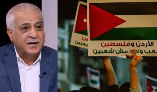 الأردن وفلسطين شعب واحد مش شعبين حسين الرواشدة مع لافتة رفعها أحد المتظاهرين: "الأردن وفلسطين شعب واحد مش شعبين" قرب سفارة الاحتلال احتجاجا على الإبادة الجماعية في غزة