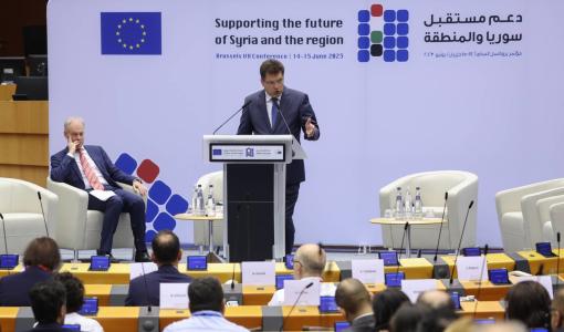 المفوض الأوروبي لشؤون المساعدات الإنسانية وإدارة الأزمات جانيز لينارشيش في الجلسة الافتتاحية لمؤتمر &quot;بروكسل 7&quot;  14/6/2023 | المصدر: وكالة الأنباء الفرسية