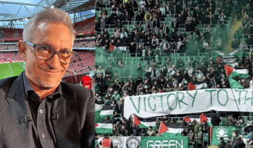 جاري لينيكر خلفه صورة لمشجعي سلتيك يرفعون علم فلسطين