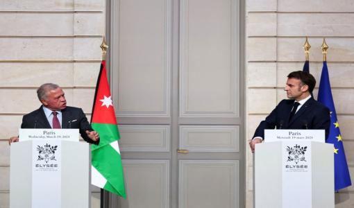 الملك عبد الله الثاني والرئيس الفرنسي إيمانويل ماكرون في قصر الإليزيه 19/3/2025 | المصدر: وكالة الأنباء الفرنسية