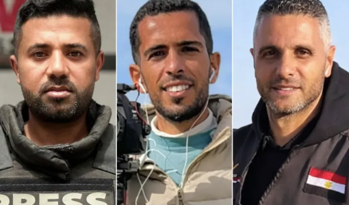 الصحفيون الثلاثة الذين استشهدوا بقصف إسرائيلي على منطقة نتساريم جنوبي مدينة غزة 21/1/2026 | الجزيرة