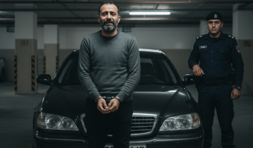 صورة مولدة عبر الذكاء الاصطناعي لرجل يقف أمام سيارة وبجانبه شرطي