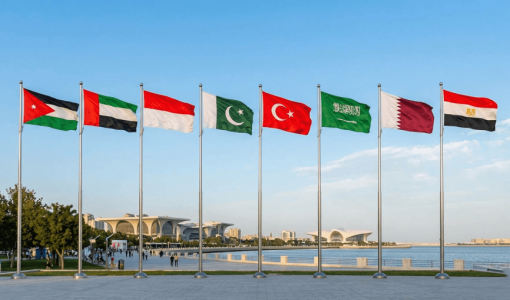 صورة لأعلام الأردن والإمارات وإندونيسيا وباكستان وتركيا والسعودية وقطر ومصر مولدة بالذكاء الاصطناعي