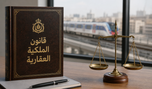 كتاب بعنوان قانون الملكية العقارية وبجانبه ميزان العدالة وفي الخلفية سكة قطار