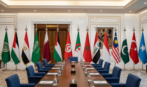 صورة مولدة بالذكاء الاصطناعي لأعلام المشاركين في الاجتماع