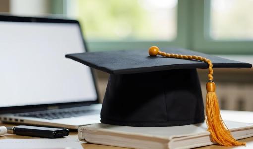 قبعة تخرج بالقرب من حاسوب محمول