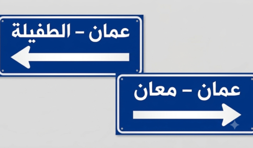 لافتات تحمل إشارة إلى خط النقل بين عمان - الطفيلة وعمان - معان