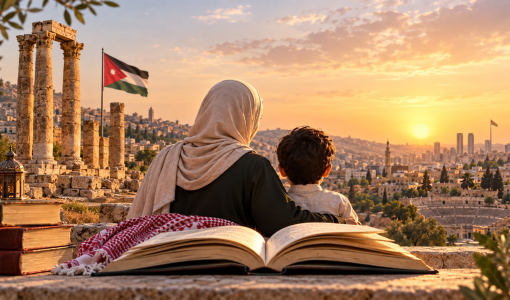 امرأة تجلس مع طفل أمام كتاب مفتوح