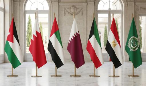 أعلام الأردن والبحرين والإمارات وقطر ومصر والكويت وجامعة الدول العربية مولدة بالذكاء الاصطناعي