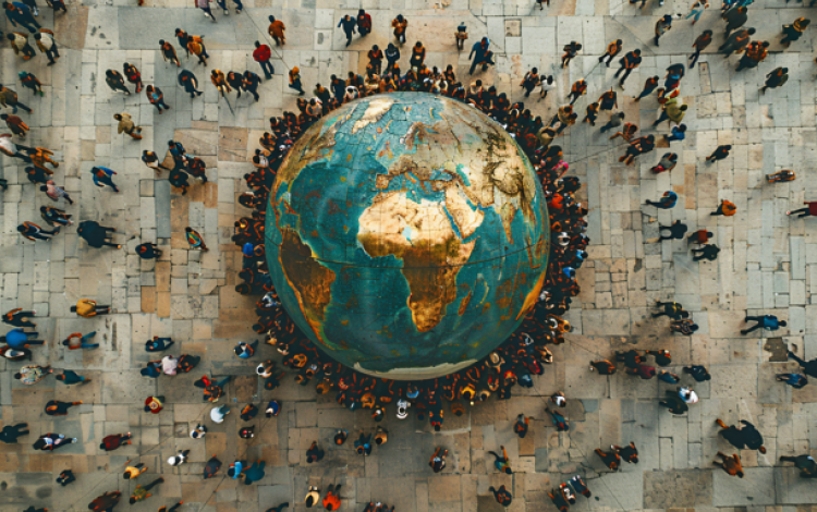 صورة مولدة بالذكاء الاصطناعي لمجسم كوكب الأرض يحيط به أشخاص | تعبيرية freepik