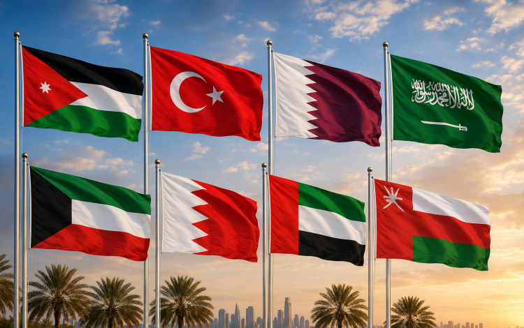 أعلام الأردن وتركيا وقطر والسعودية والكويت والبحرين والإمارات وسلطنة عمان