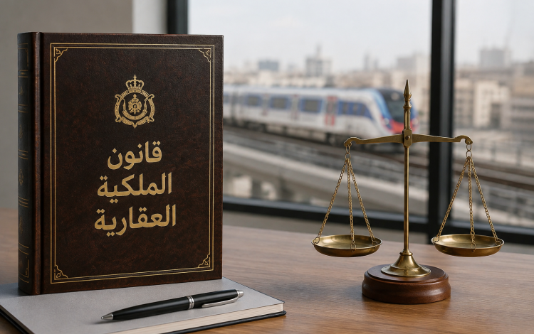 كتاب بعنوان قانون الملكية العقارية وبجانبه ميزان العدالة وفي الخلفية سكة قطار