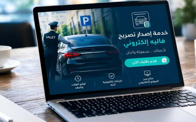 كمبيوتر محمول وتظهر على شاشته خدمة إصدار تصريح فاليه إلكتروني