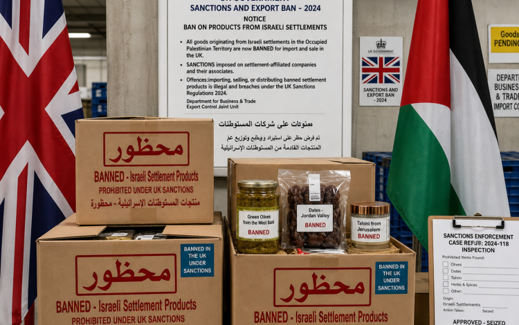 صناديق كرتون تحمل ملصقات طبع عليها كلمة "محظور" تتضمن منتجات من المستوطنات خلفها العلمان البريطاني والفلسطيني