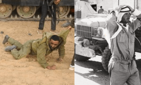 على يمين الصورة فلسطيني يرفع يديه خلال النكسة عام 1967 وعلى اليسار جندي إسرائيلي تأسره المقاومة في طوفان الأقصى
