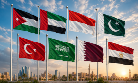 أعلام الأردن والإمارات وإندونيسيا وباكستان وتركيا والسعودية وقطر ومصر مولدة بالذكاء الاصطناعي
